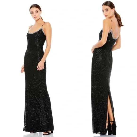 NWT Mac Duggal 93551 Beaded Spaghetti Strap Column Embellished Gown - Picture 2 of 10